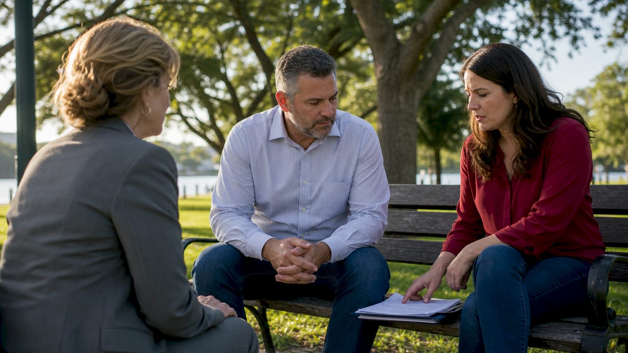 Mediator facilitating discussion between parents in office