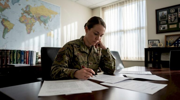 JAG attorney reviewing military divorce documents