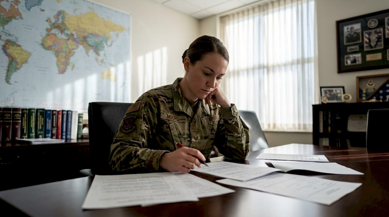 JAG attorney reviewing military divorce documents