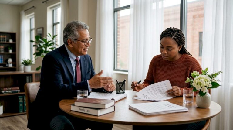 Client consulting family lawyer in office
