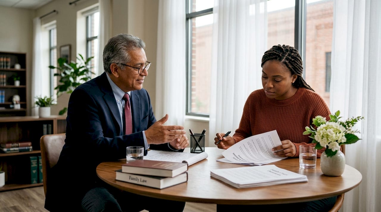 Client consulting family lawyer in office