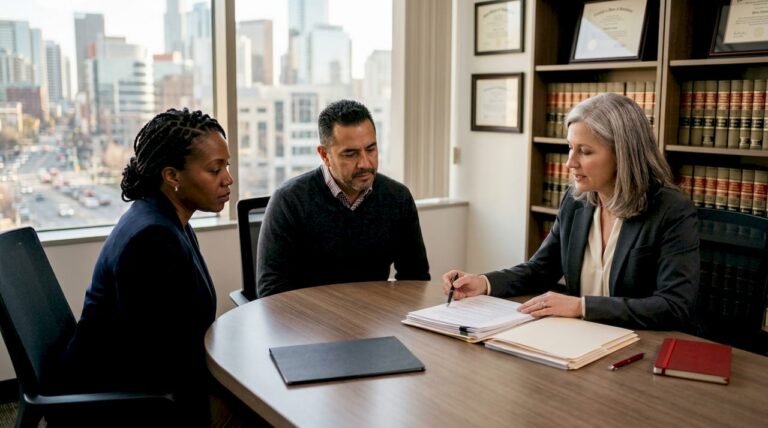 Couple consulting divorce attorney in office