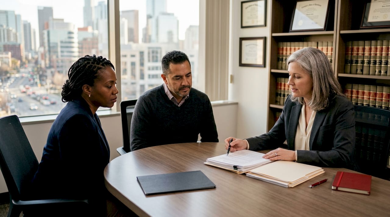 Couple consulting divorce attorney in office