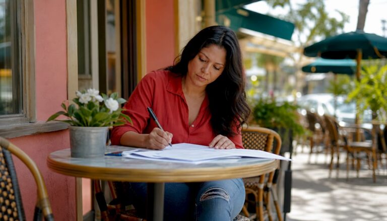 Woman completing injunction paperwork at kitchen table
