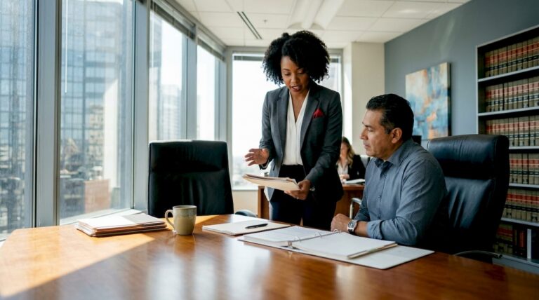 Attorney consulting client in office