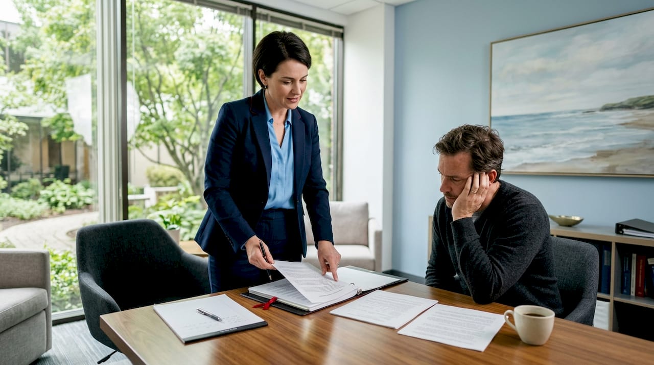 Attorney consulting client in office during divorce case