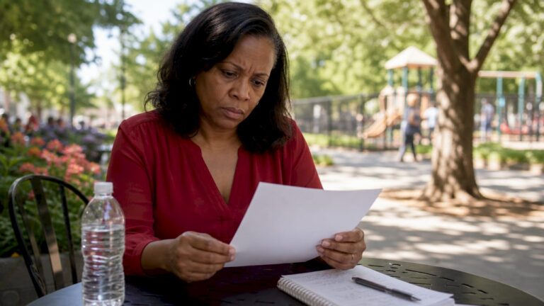 Mother reviewing child custody agreement at home desk