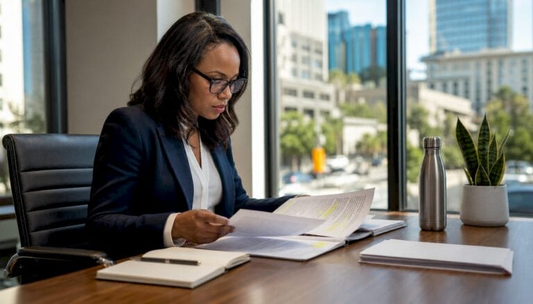 Woman reviewing printed medical records at desk