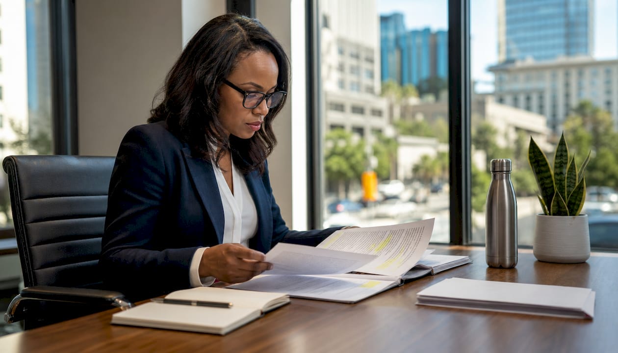 Woman reviewing printed medical records at desk