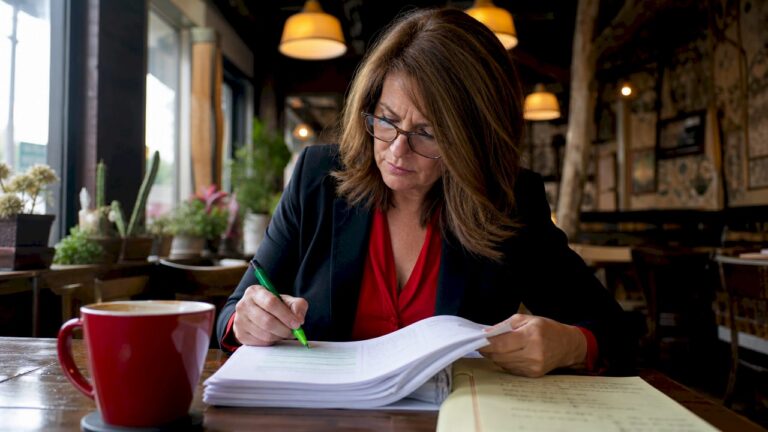 Woman reviewing medical records at home