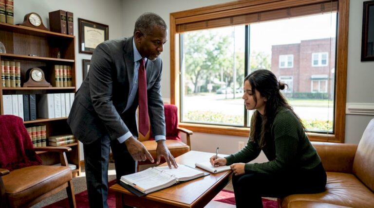 Attorney consulting with injury client in office