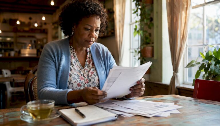 Woman reviewing medical bills at kitchen table