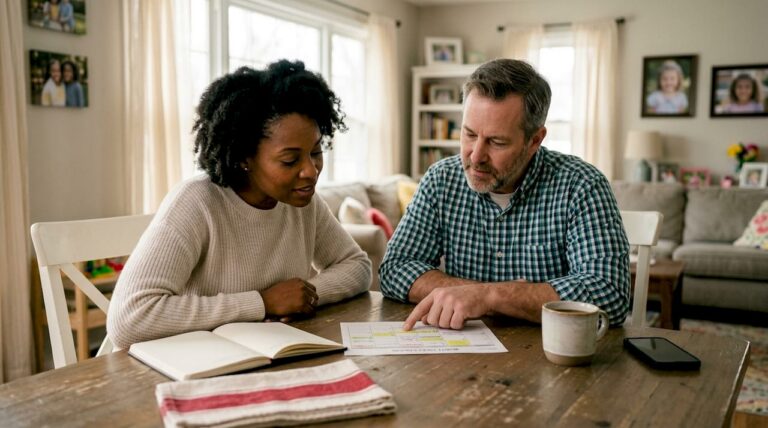 Couple discussing child custody schedule at kitchen table