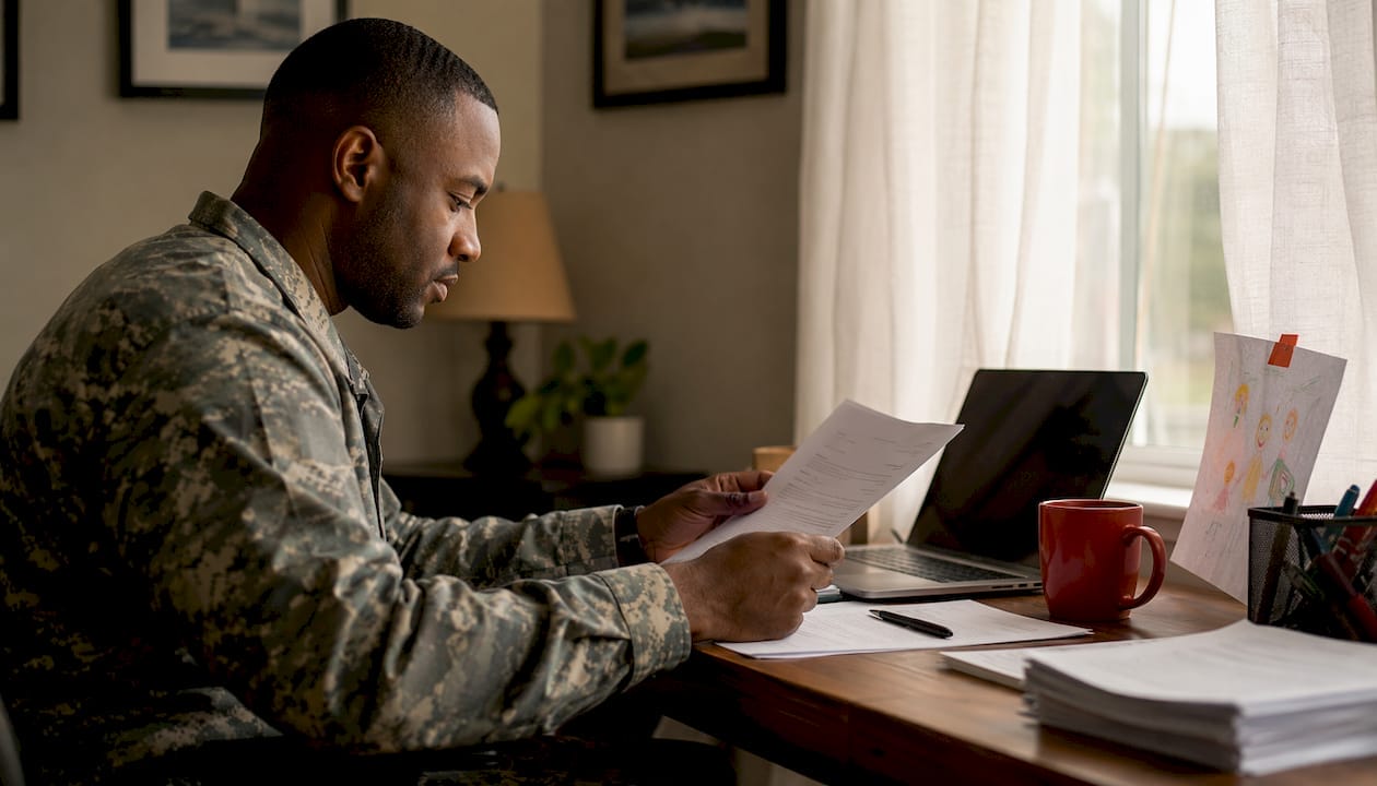 Military parent reviewing family care plan at home