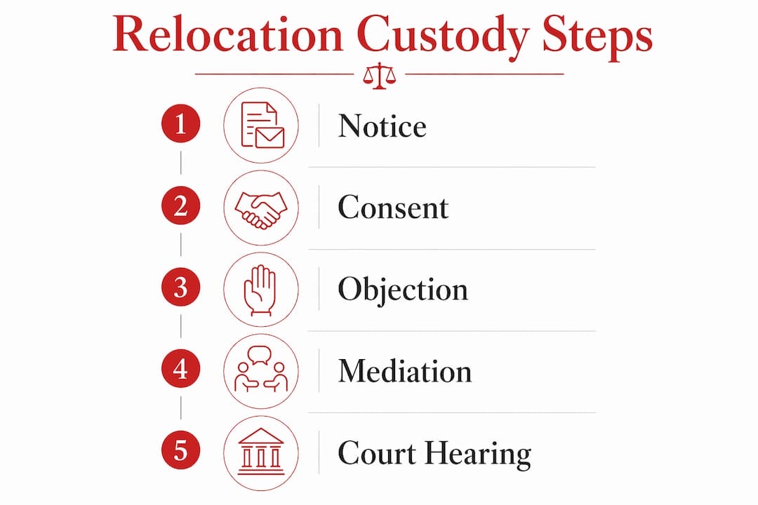 How Relocation Custody Works: 2026 U.S. Legal Guide Infographic illustrating relocation custody steps