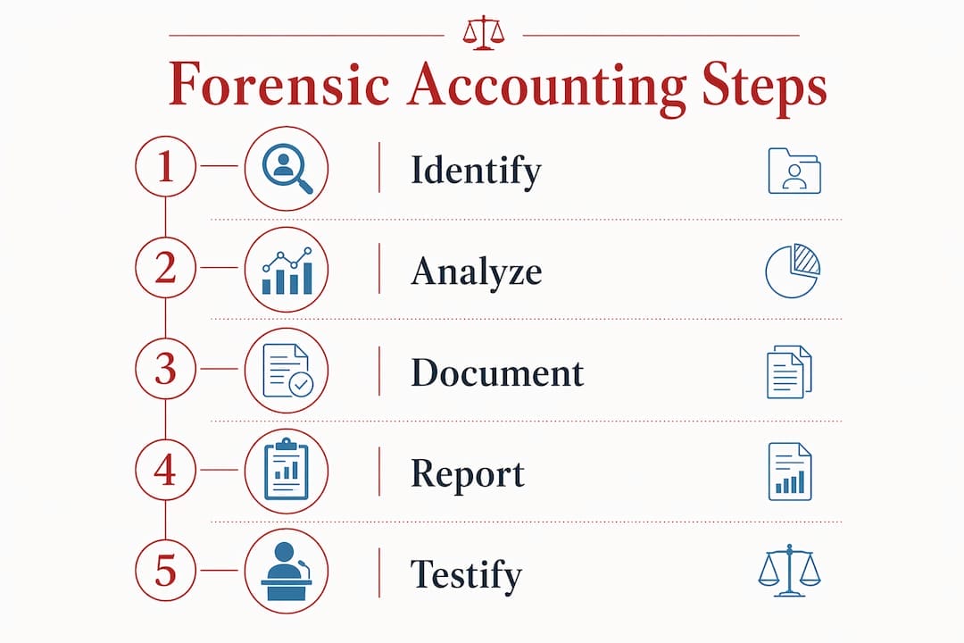 The Role of Forensic Accountants in Divorce Proceedings Infographic showing forensic accounting process steps