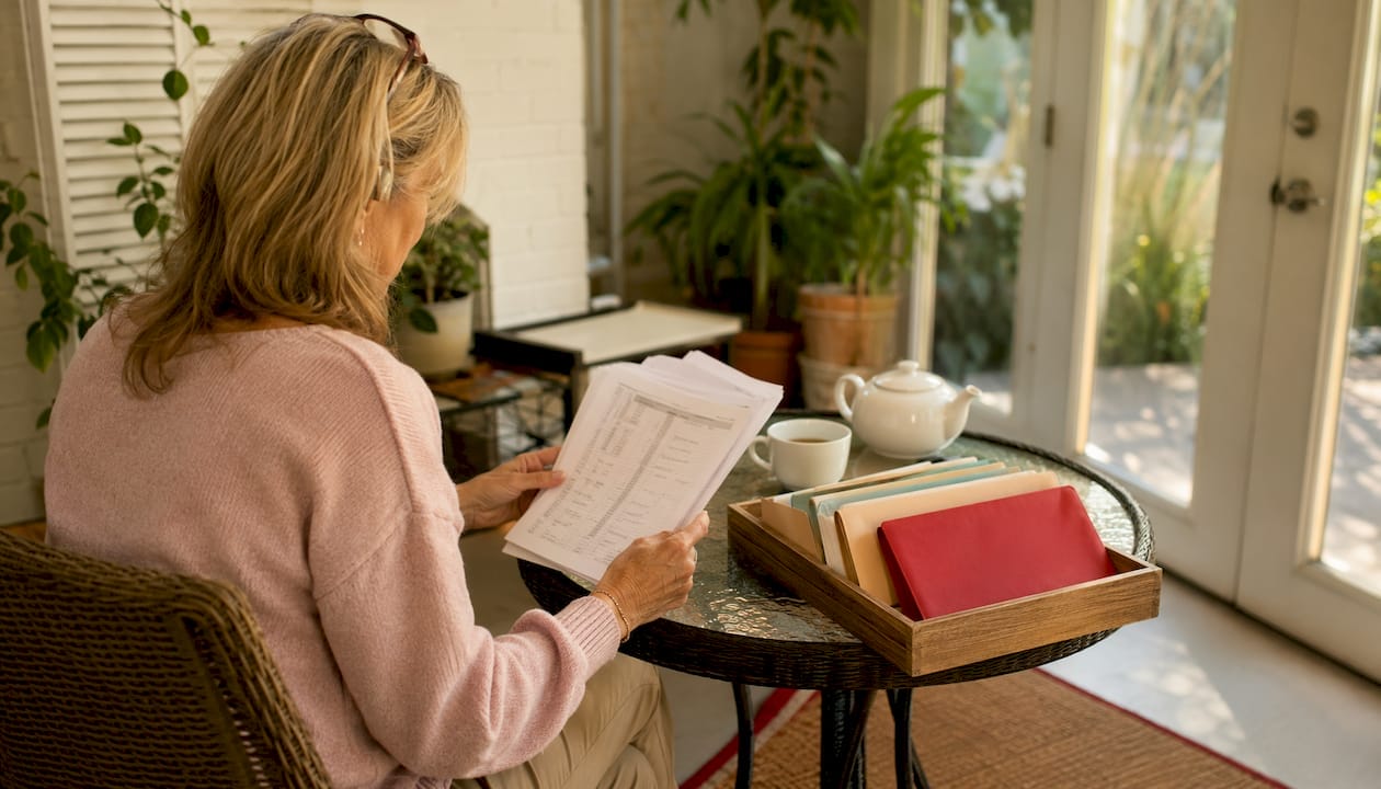 Woman reviewing mediation documents at home desk