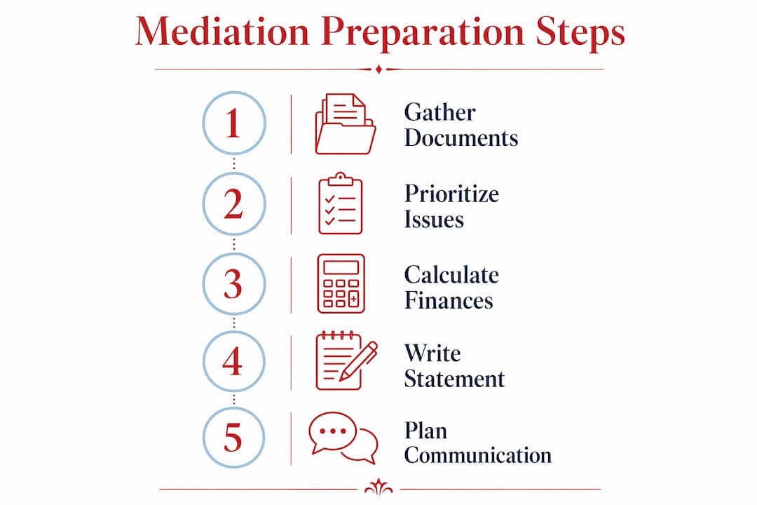 Divorce Mediation Preparation Tips: Your Pre-Session Checklist Infographic of five mediation preparation steps in sequence