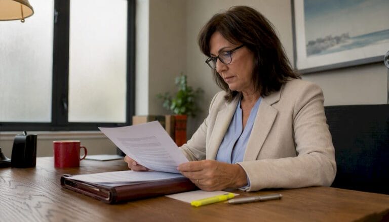 Legal professional reviewing documents at desk