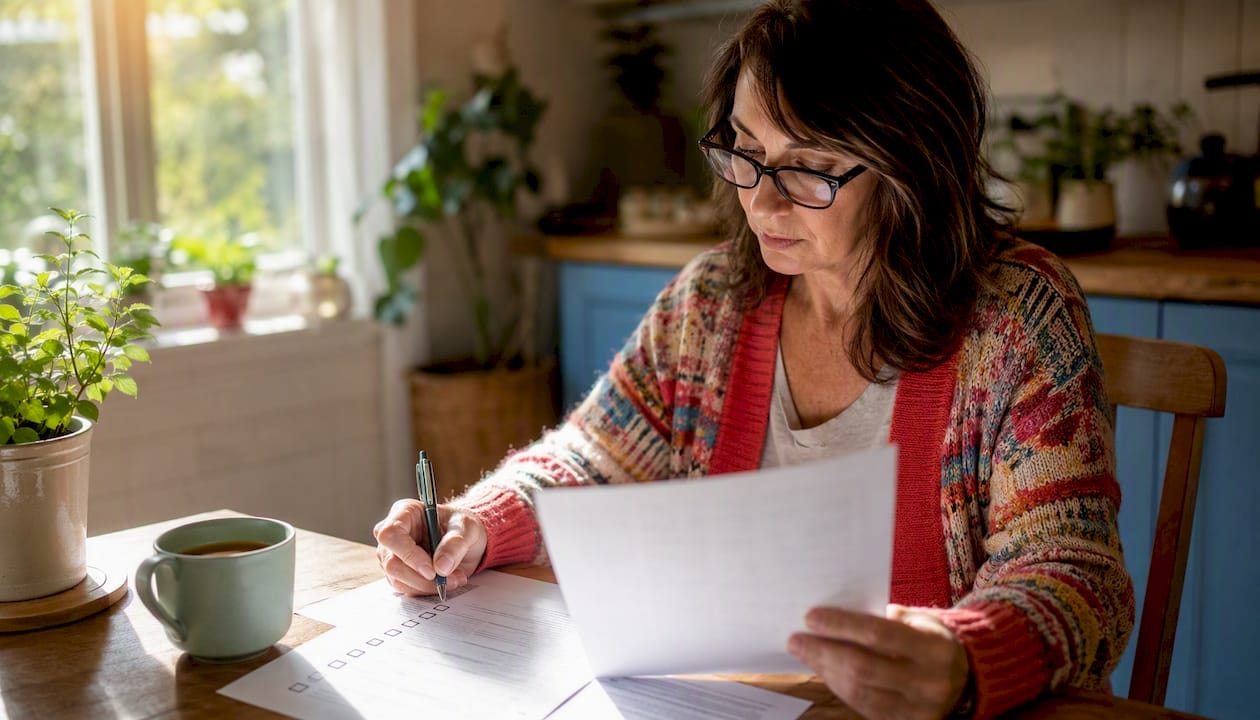 Woman reviewing divorce paperwork at home desk