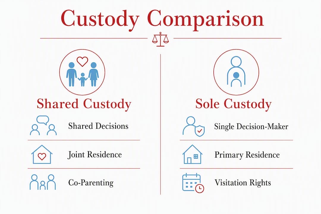 Shared vs. Sole Custody Explained: What Parents Need to Know Infographic comparing shared and sole custody