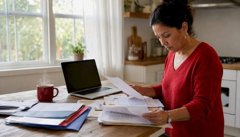 Woman reviewing property damage claim papers