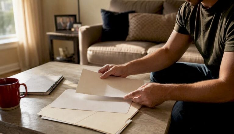 Hands organizing military legal documents