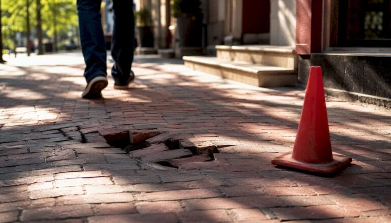 Cracked sidewalk with caution cone outside building