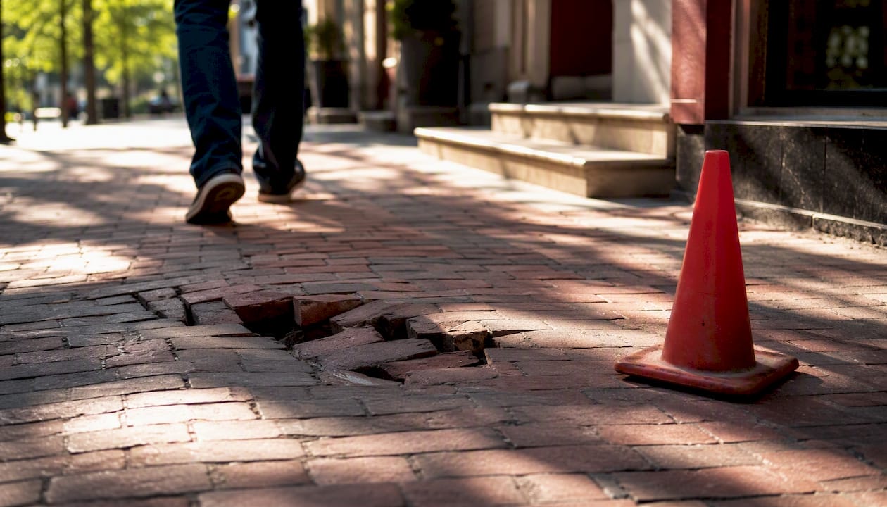 Cracked sidewalk with caution cone outside building