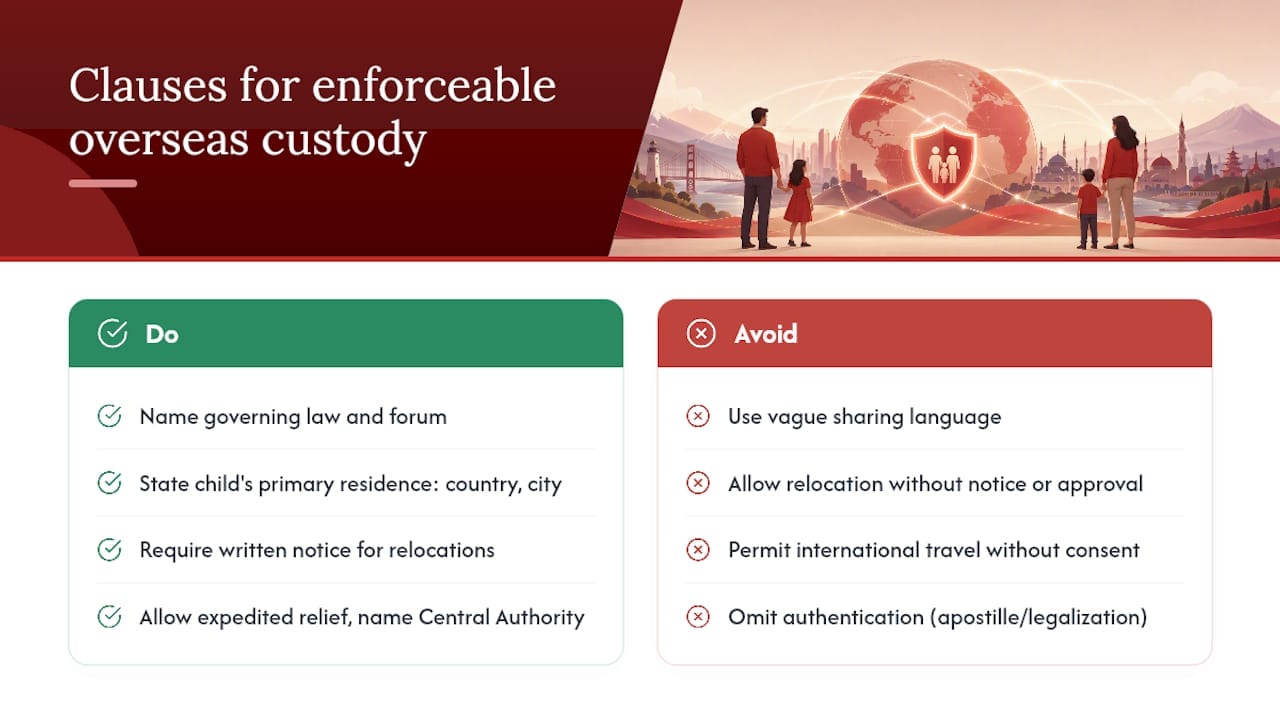 Overseas Custody Agreements Explained for U.S. Parents What to include in an enforceable overseas custody agreement — overview diagram