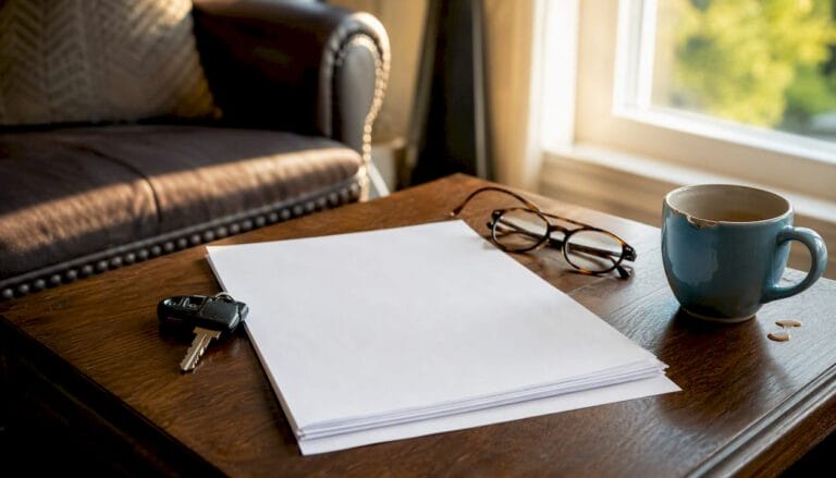 Car key and insurance papers on desk