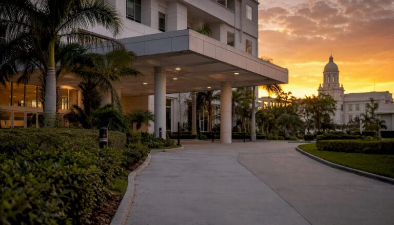 Florida hospital building exterior with county courthouse in background