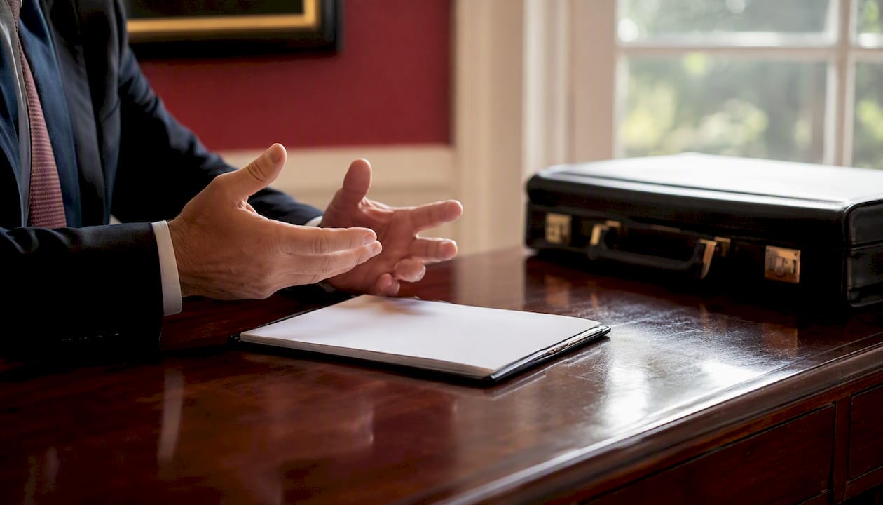 Lawyer explaining fee terms with hands