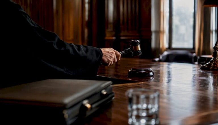 Judge's gavel poised to strike in courtroom