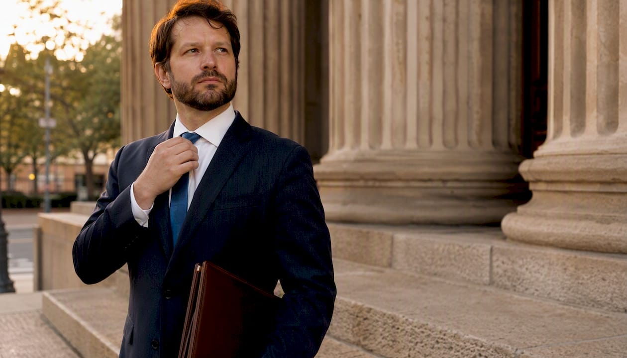 Criminal Arraignment: What Every Defendant Needs to Know Lawyer outside courthouse holding briefcase