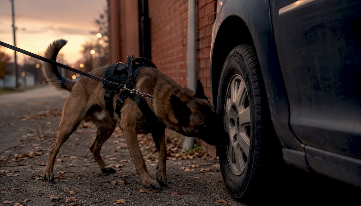 Drug Possession Charge Defense Guide: What to Do Now Police dog sniffing car tire