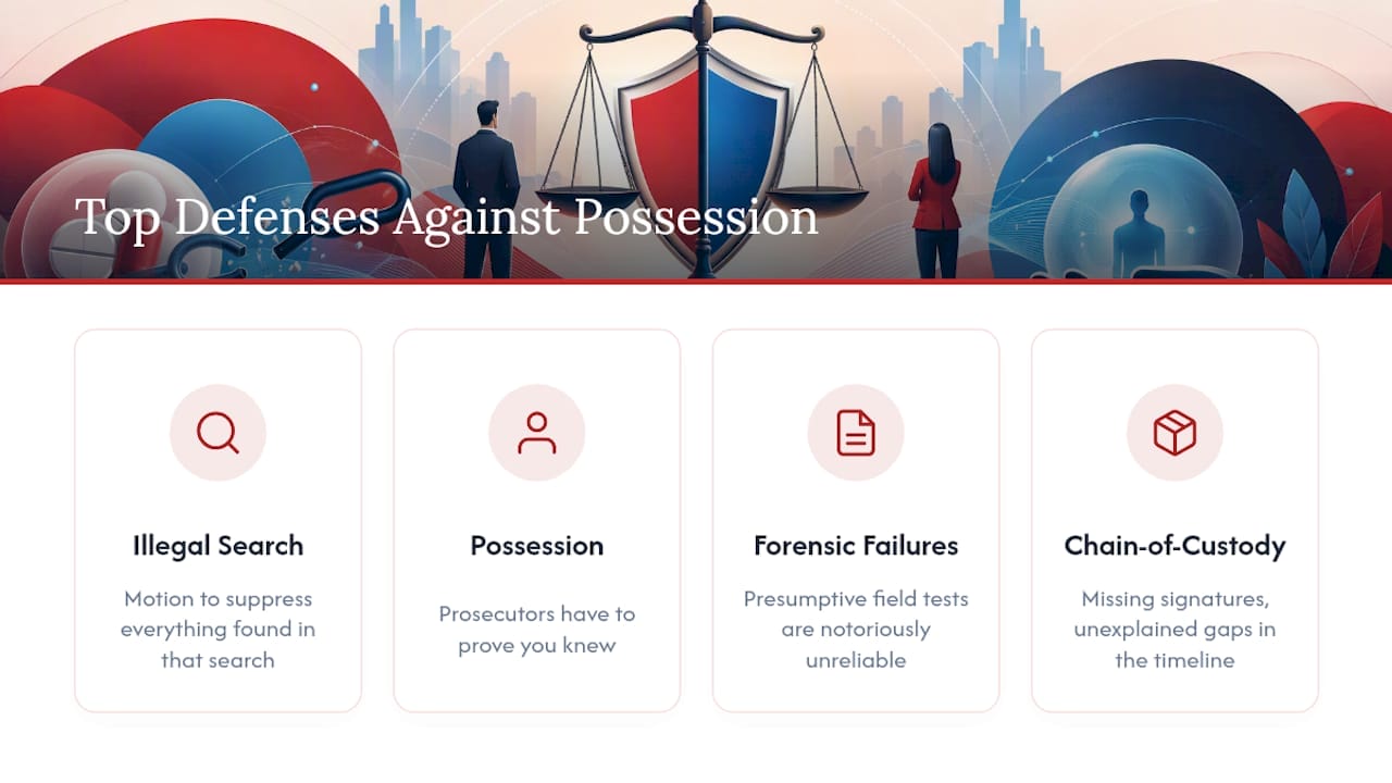 Drug Possession Charge Defense Guide: What to Do Now Diagram of four main defenses against drug possession charges