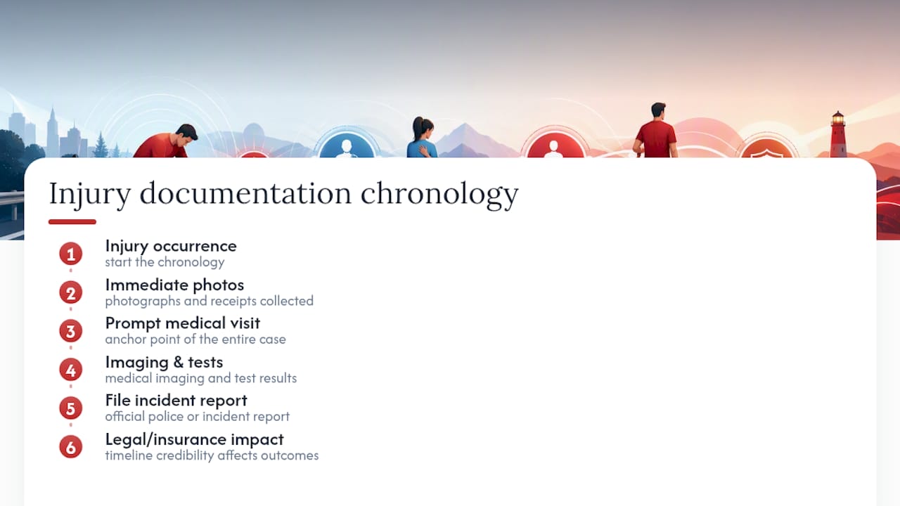 Document Injuries Immediately to Protect Your Health and Claim Diagram of injury documentation timeline and legal relevance