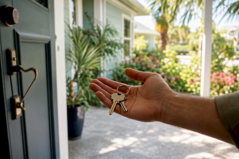 Hand holding Florida house keys indoors