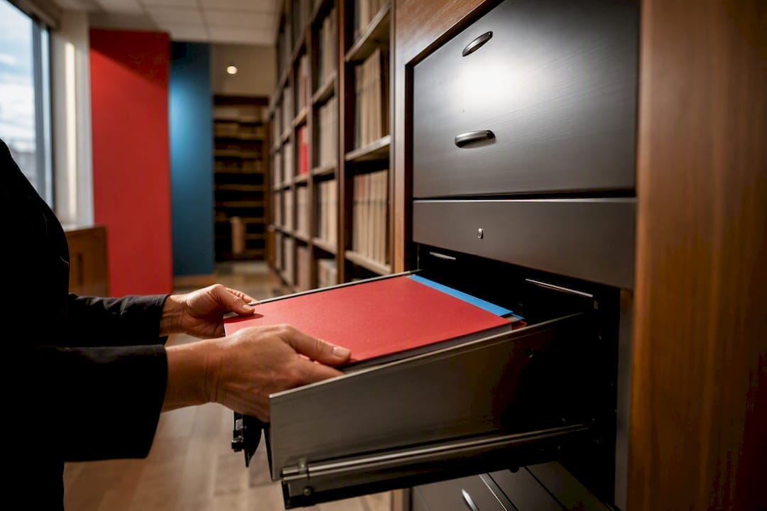 Clerk securing case folder in courthouse archive