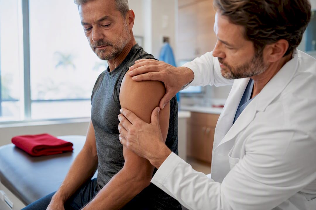 Surgeon examining injured shoulder in clinic