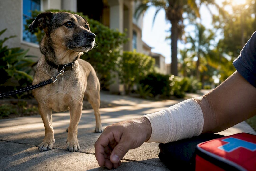 Leashed dog beside a bandaged forearm