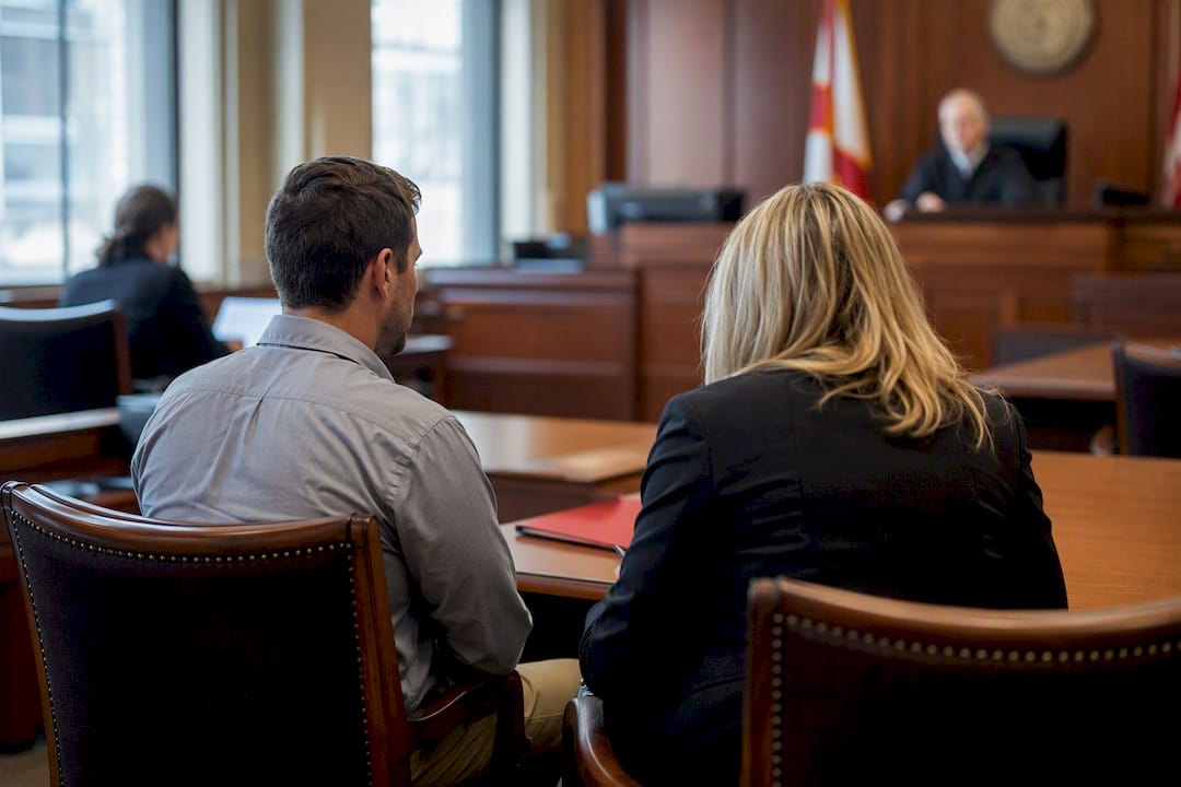 Drug court hearing with defense attorney