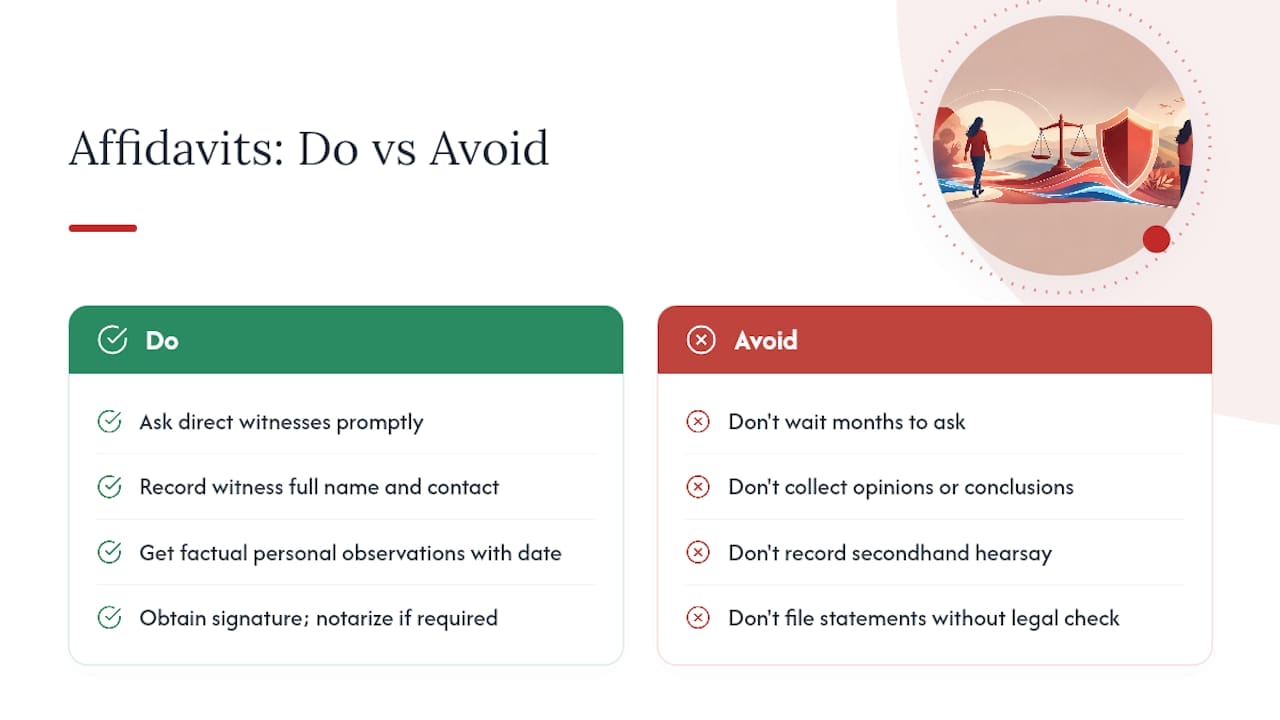 Family Law Attorney's Safety First Abuse Documentation for Survivors How to Obtain and Use Affidavits or Witness Statements — overview diagram
