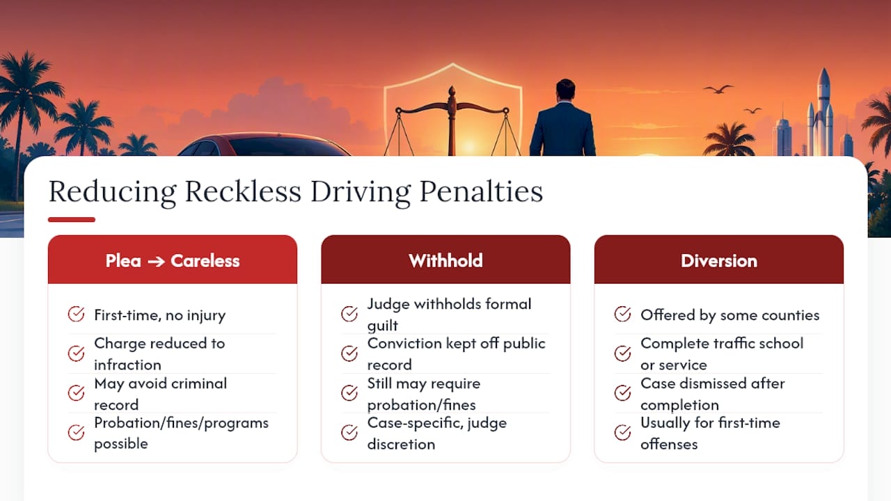 Brevard Attorney: Reckless Driving in Florida, 4 Points and What to Do Can You Reduce Reckless Driving Penalties Through a Plea or Diversion? — overview diagram