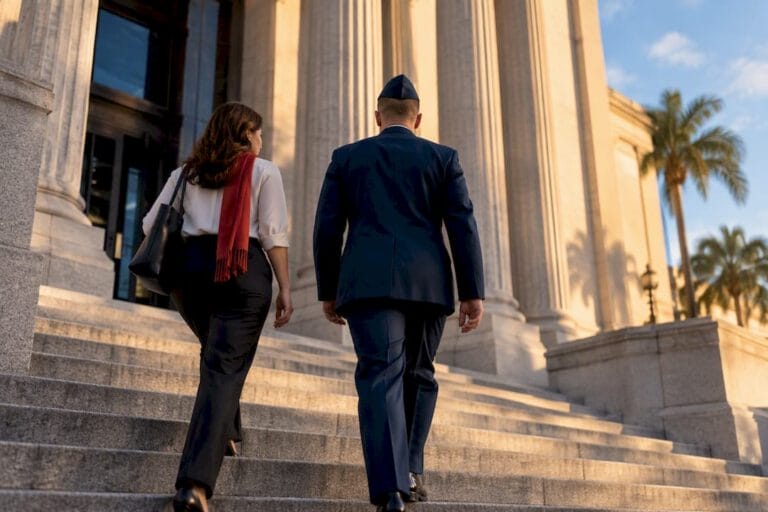 Military couple approaching Florida courthouse
