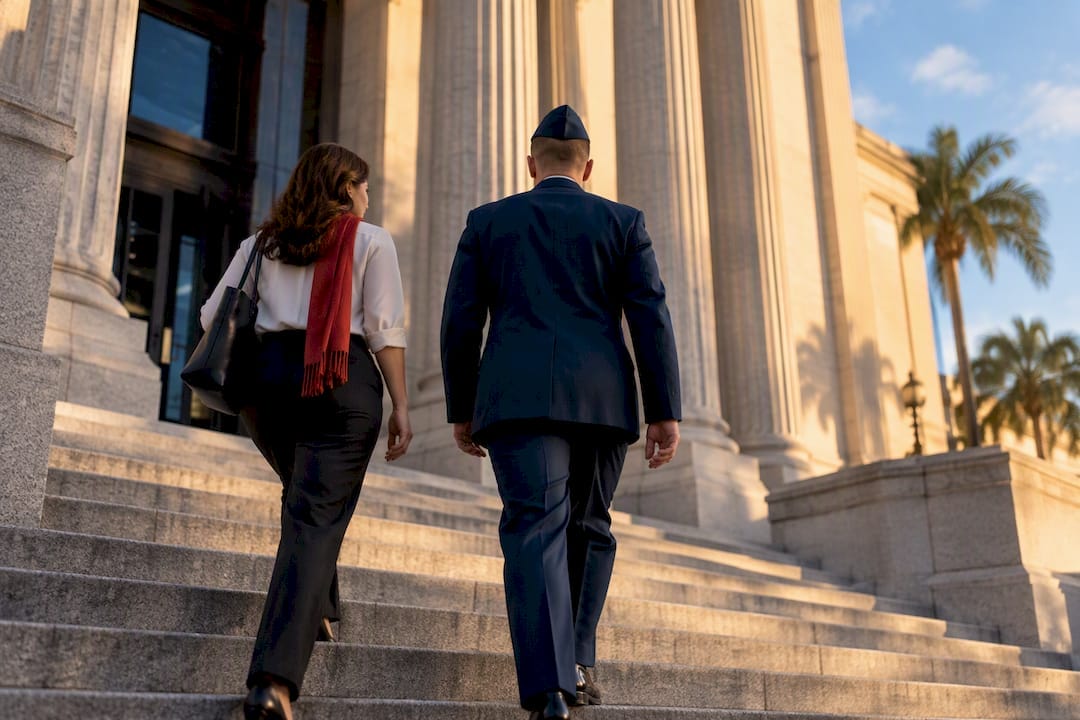 Military couple approaching Florida courthouse