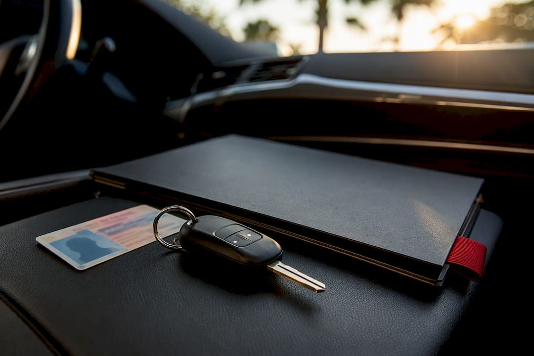 Driver license and keys beside legal folder