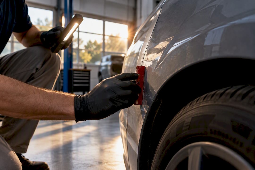 Appraiser examining repaired vehicle damage