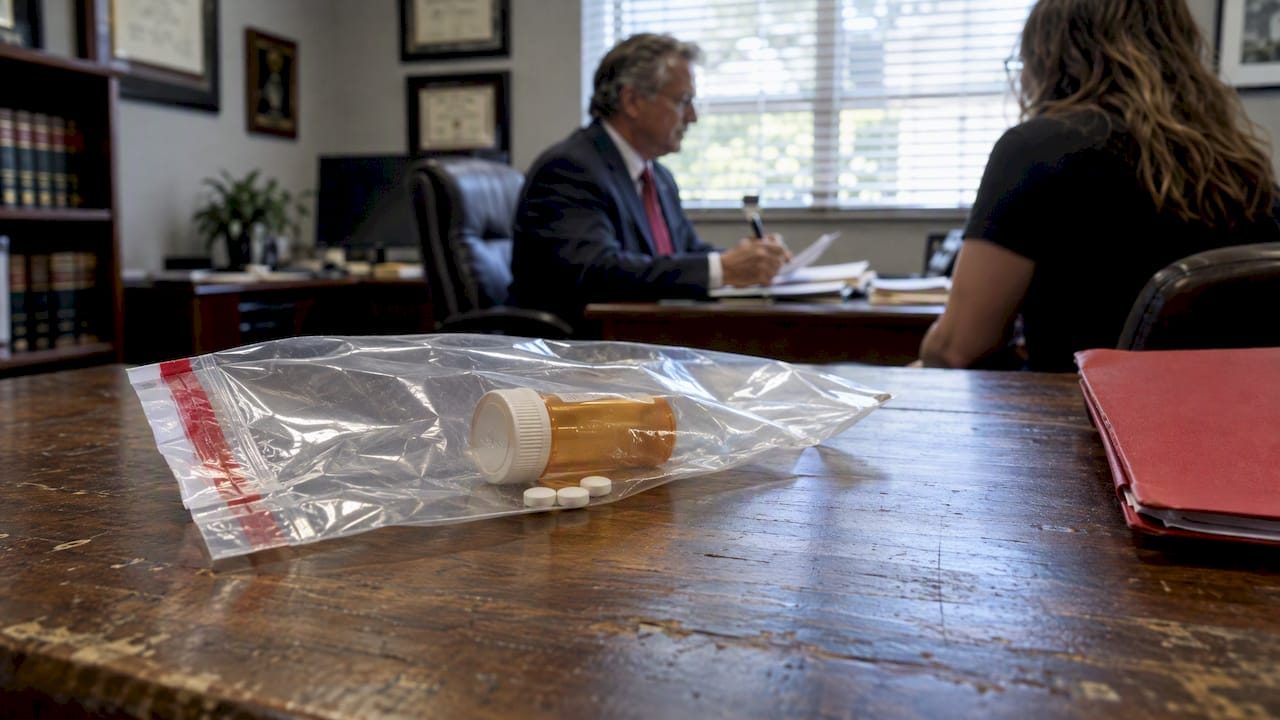 Sealed evidence bag and pill bottle